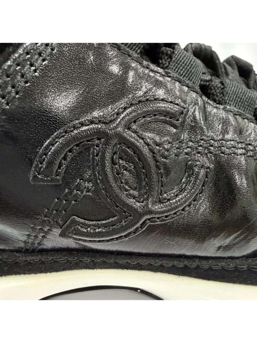 Chanel CC Logo Lace Up Leather Low Cut Sneakers Black